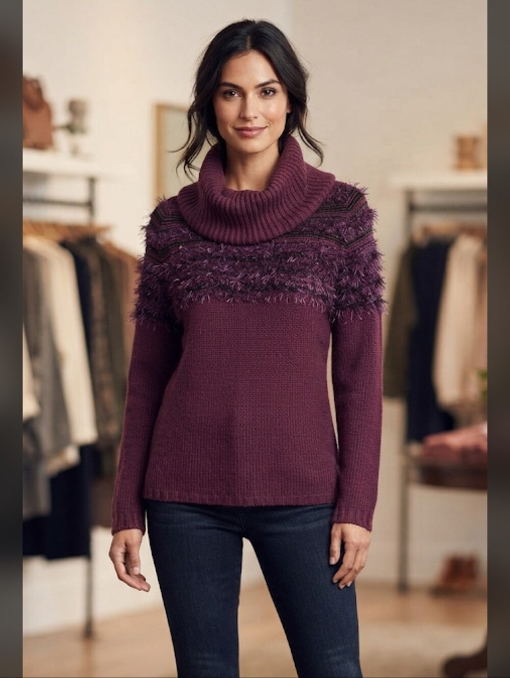 Spense Maroon/Purple Cowl Neck Sweater With Eyelash Knit Textured Detail / Large